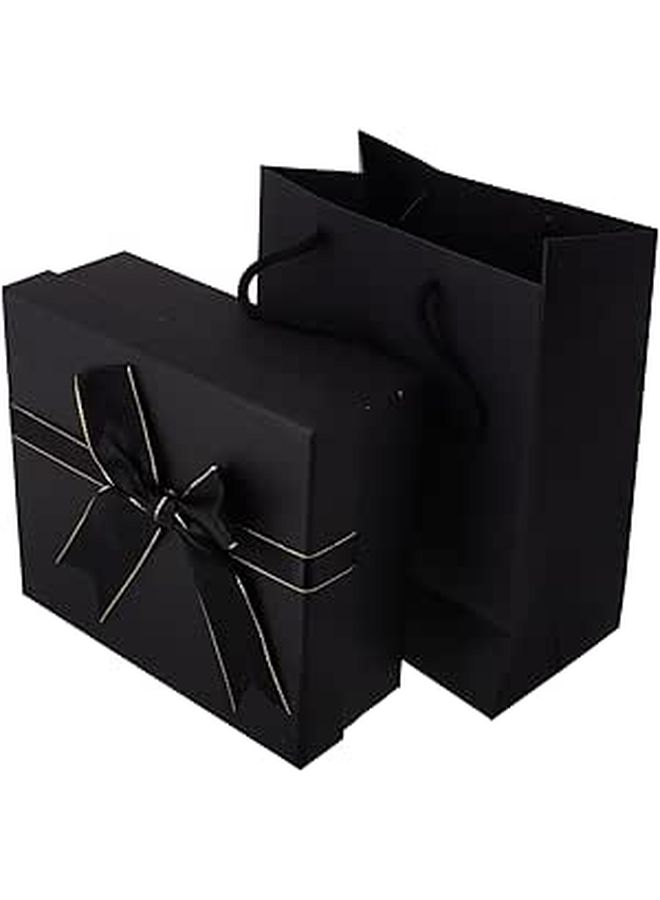 Rectangular Black Gift Box With Ribbon Bow Lid Paper Wrapping Set And 20 Gram Raffia Decorative Packaging For Birthday Wedding Holiday Presents - Image 1