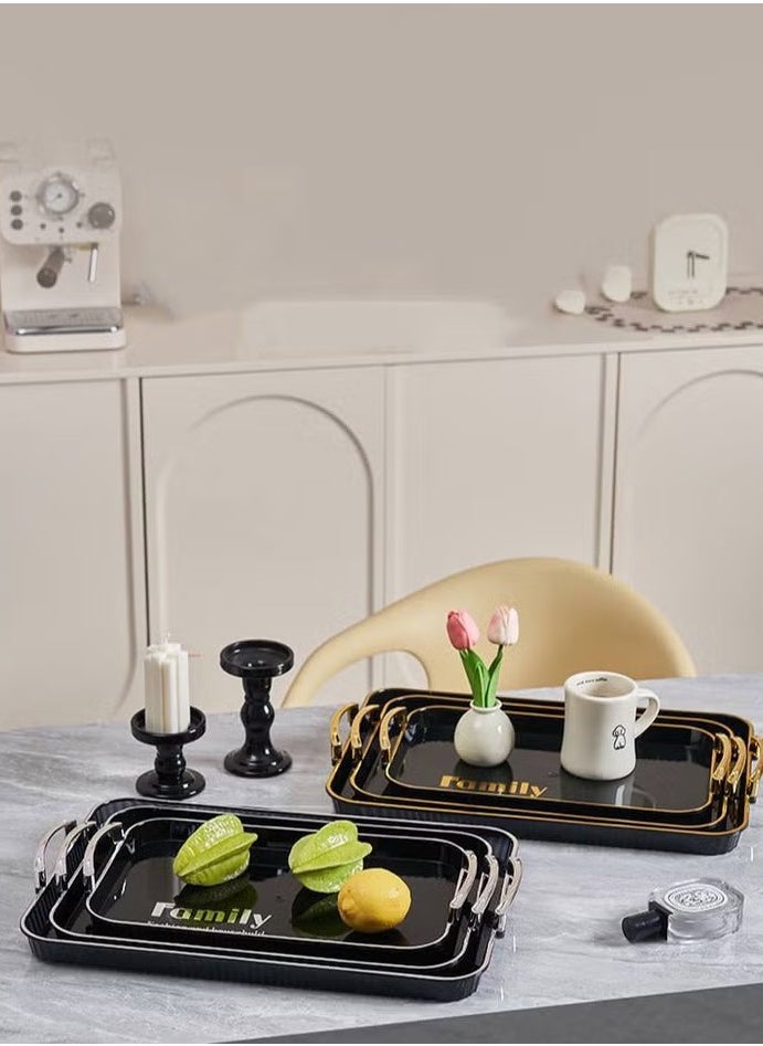 Generic 3-Piece Serving Tray Set, made of break-resistant plastic with a melamine-like finish. Oval-shaped with hand-adorned silver trim for a chic look. Crafted from high-quality materials 