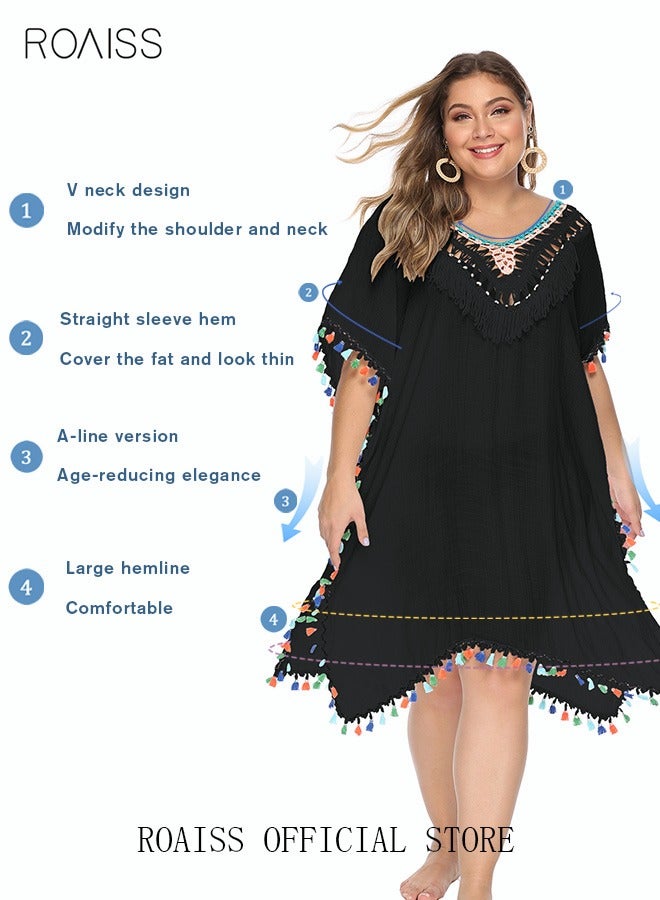 roaiss Women Lace-up Beach Blouse with Fringe Trim Cover Up Beachwear Embroidery Mesh Dress Casual Bathing Suit Sunscreen Swim Skirt Hollow Lace Cardigan for Summer Black  - Image 4