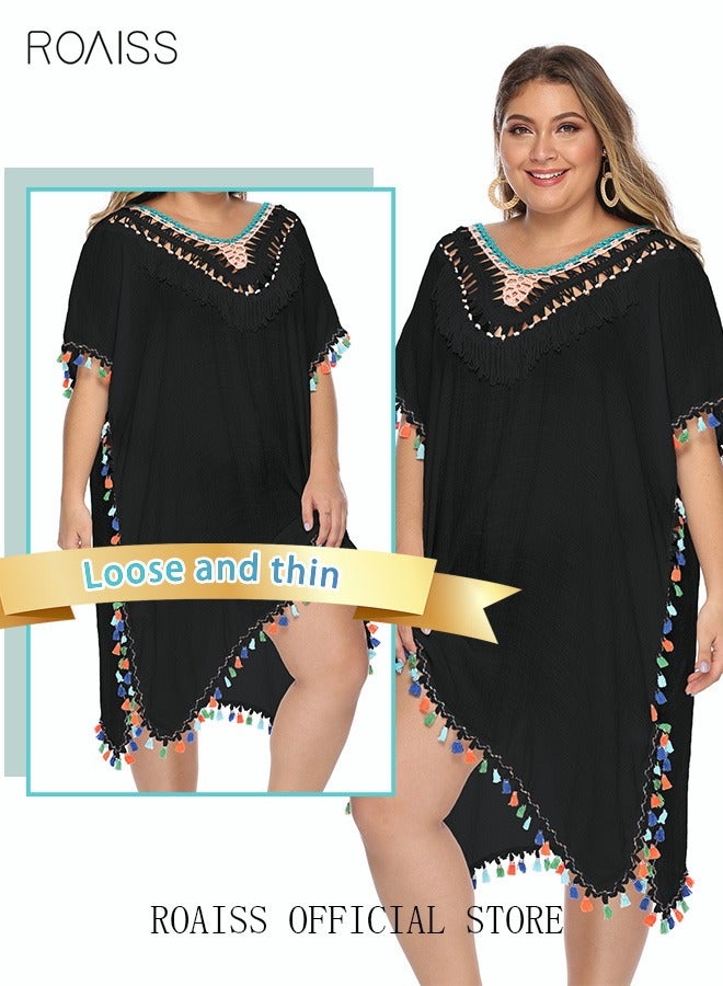 roaiss Women Lace-up Beach Blouse with Fringe Trim Cover Up Beachwear Embroidery Mesh Dress Casual Bathing Suit Sunscreen Swim Skirt Hollow Lace Cardigan for Summer Black  - Image 3