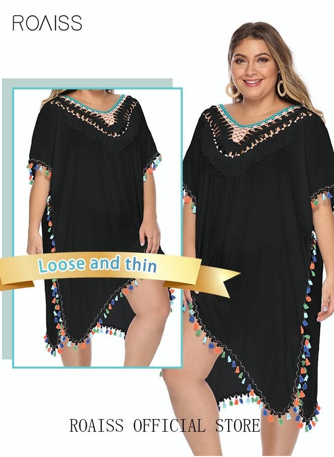 roaiss - Women Lace-up Beach Blouse with Fringe Trim Cover Up Beachwear Embroidery Mesh Dress Casual Bathing Suit Sunscreen Swim Skirt Hollow Lace Cardigan for Summer Black - Image 1