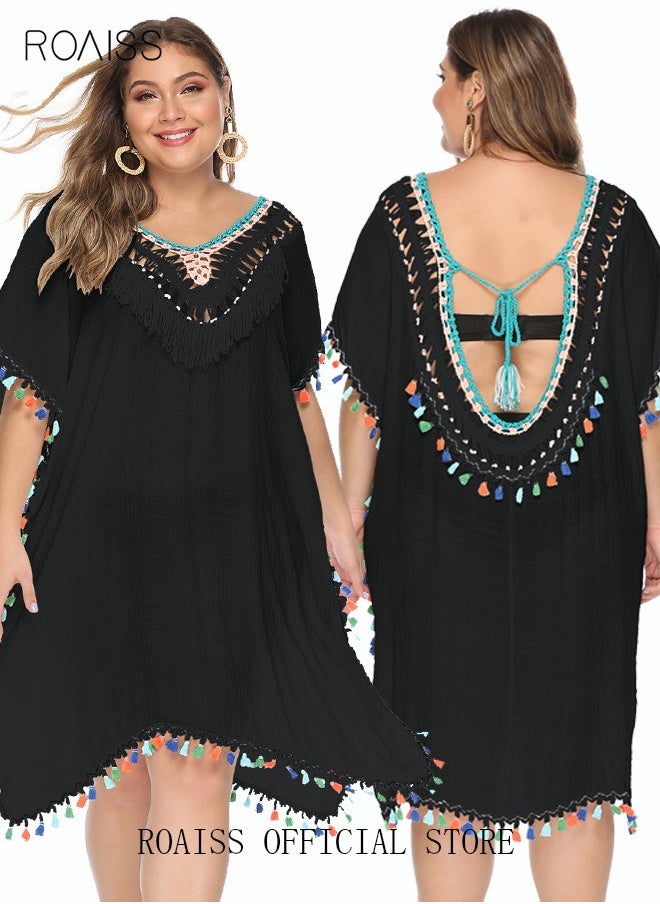 roaiss - Women Lace-up Beach Blouse with Fringe Trim Cover Up Beachwear Embroidery Mesh Dress Casual Bathing Suit Sunscreen Swim Skirt Hollow Lace Cardigan for Summer Black - Image 1