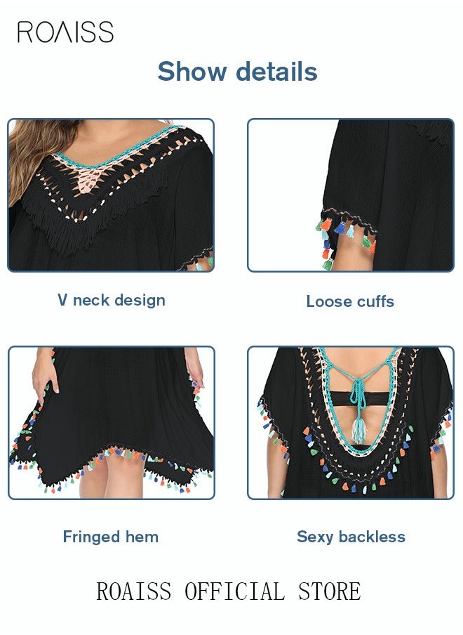 roaiss - Women Lace-up Beach Blouse with Fringe Trim Cover Up Beachwear Embroidery Mesh Dress Casual Bathing Suit Sunscreen Swim Skirt Hollow Lace Cardigan for Summer Black - Image 1