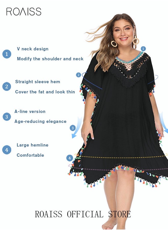 roaiss - Women Lace-up Beach Blouse with Fringe Trim Cover Up Beachwear Embroidery Mesh Dress Casual Bathing Suit Sunscreen Swim Skirt Hollow Lace Cardigan for Summer Black - Image 1