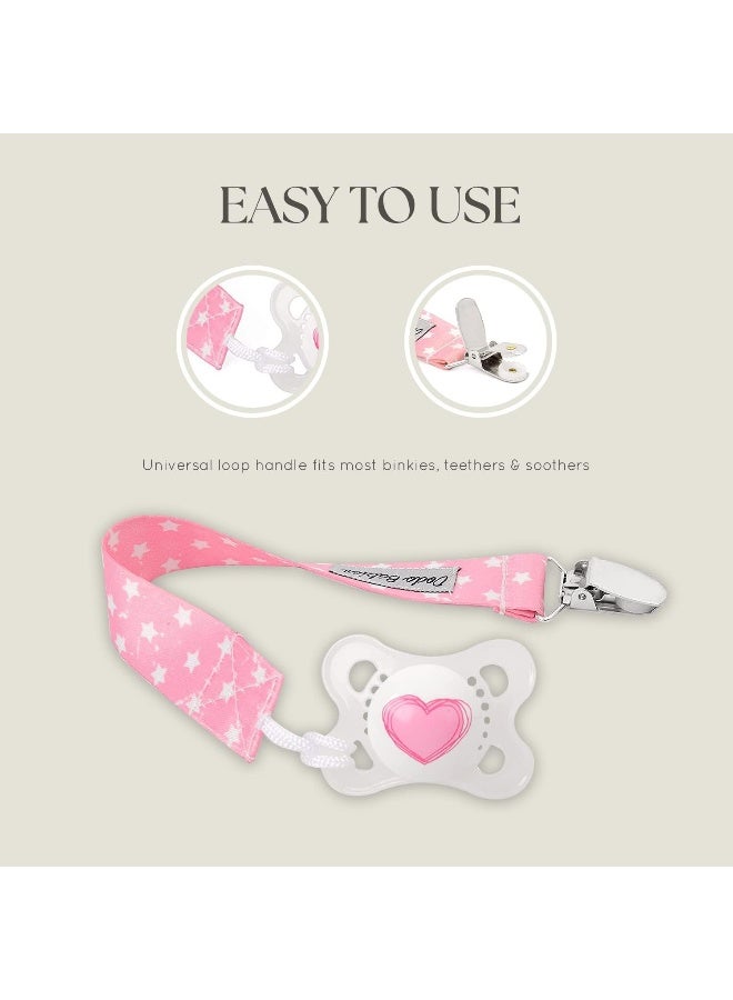 Dodo Babies Pacifier Clip Set - Four Clips Plus Binky Case - Universal Holder Fits Most Paci Brands, Teether Toys and Car Seats - Pink and Gray Prints for Girls or Boys - Image 4