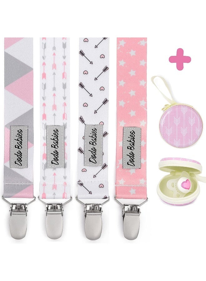 Dodo Babies Pacifier Clip Set - Four Clips Plus Binky Case - Universal Holder Fits Most Paci Brands, Teether Toys and Car Seats - Pink and Gray Prints for Girls or Boys - Image 1