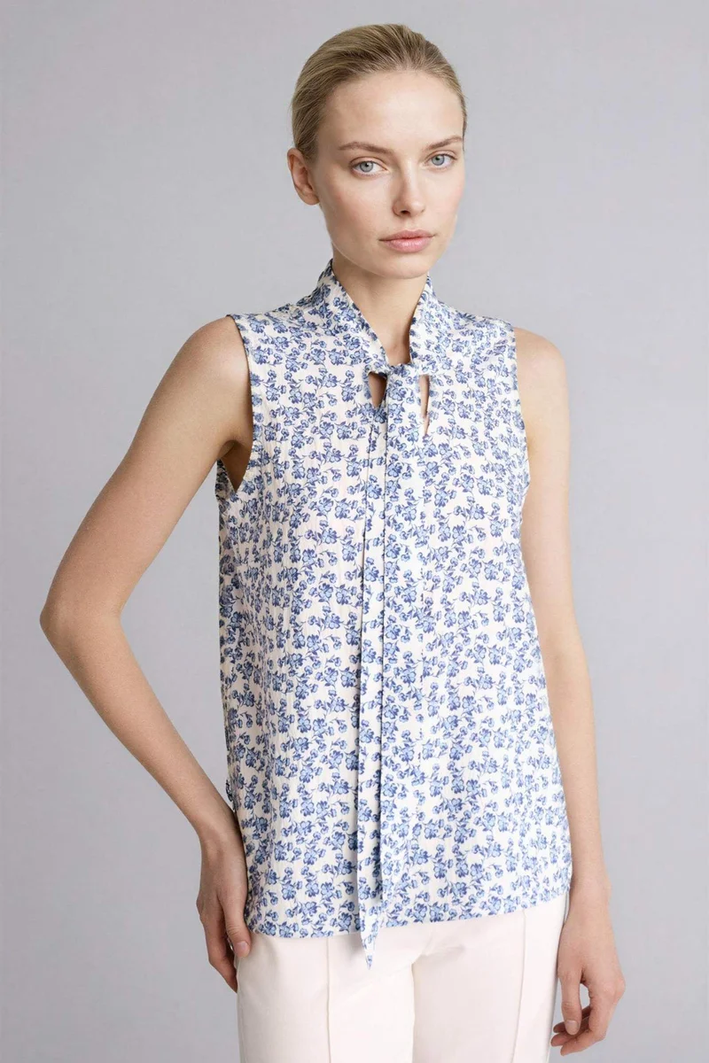 ديفاكتو Regular Fit Scarf Collar Printed Sleeveless Blouse
