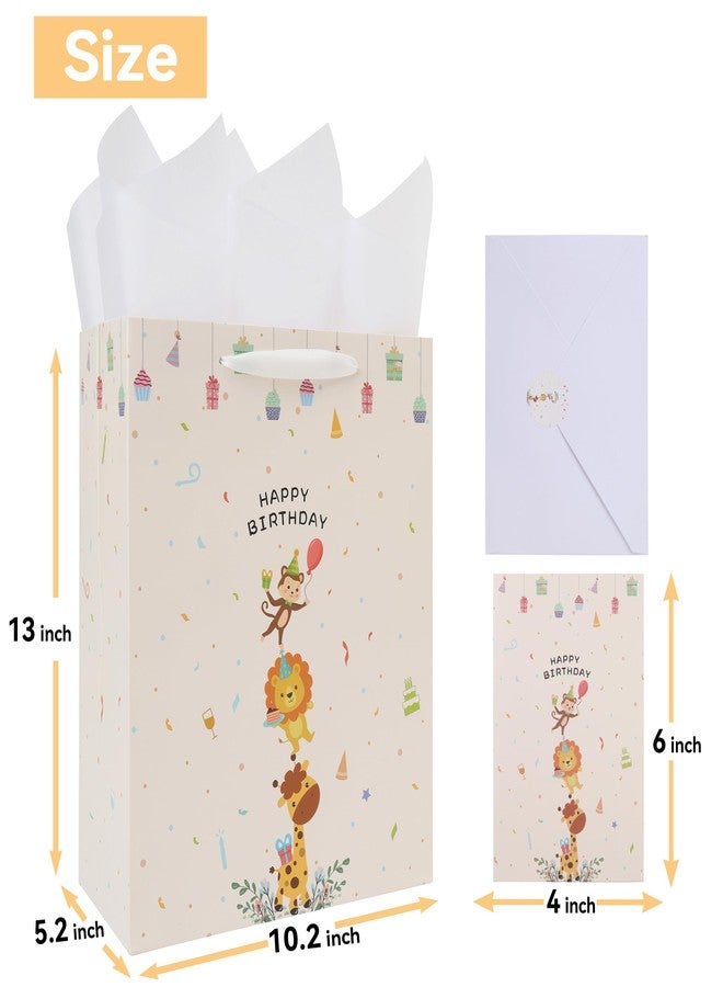 Qirrmiy 13'' Large Baby Boy Girl Gift Bag Set with Handles, Greeting Card, Tissue Papers and Stickers for Boys', Girls', Kids' Birthday Party, Baby, Newborn, Animals Design, 1 Pcs - Image 2