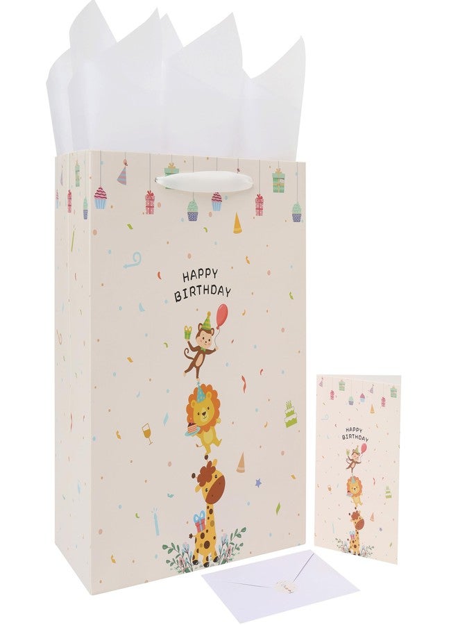 Qirrmiy 13'' Large Baby Boy Girl Gift Bag Set with Handles, Greeting Card, Tissue Papers and Stickers for Boys', Girls', Kids' Birthday Party, Baby, Newborn, Animals Design, 1 Pcs - Image 1