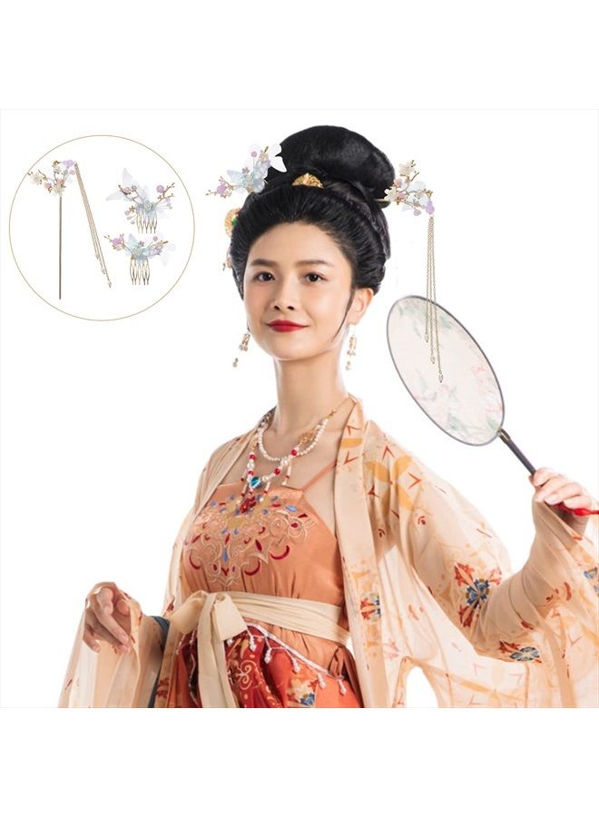minkissy Minkissy Chinese Hair Accessories Hair Sticks With Chain Chinese Hanfu Hair Pins Side Comb Cherry Blossom Headpiece For Women Girls Flower Crystal Pearl Hair Chopsticks - Image 2