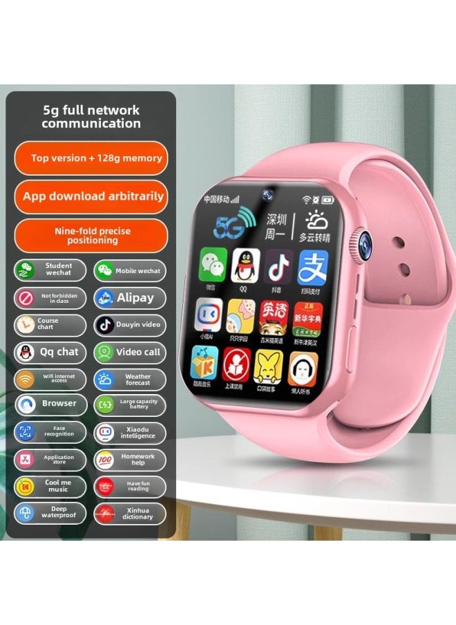 Generic [Official Genuine Goods] Student Children's Smart Phone Watch 5G Netcom Plug-in Card Multifunctional Waterproof Positioning-Color:Top Version Pink [ultra-clear Dual Camera + 128g] 5g Full Network Access + Face Recognition + Deep Waterproof + Qq + Learning App + Video Call  - Image 1