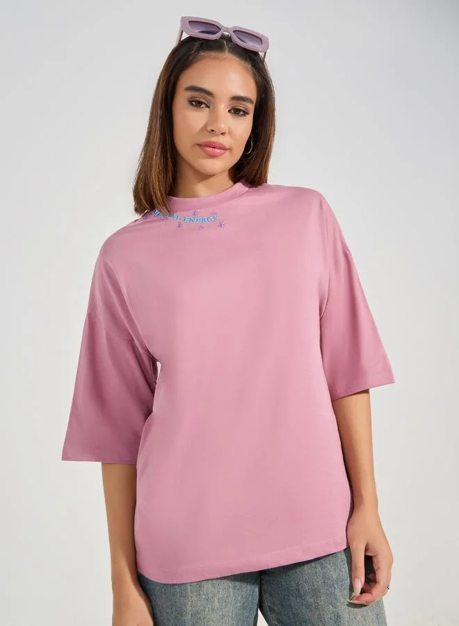 Oversized Embroidered Slogan 100% Cotton T-Shirt