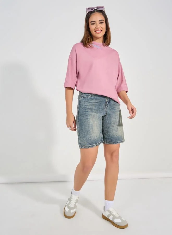 Styli Oversized Embroidered Slogan 100% Cotton T-Shirt