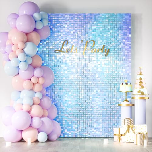 COKAOBE Rainbow Blue Shimmer Wall Backdrop 24PCS Square Sequin Shimmer Backdrop Panel, Photo Backdrops for Birthday, Anniversary, Wedding, Graduation & Bachelorette Party Decoration - Image 1