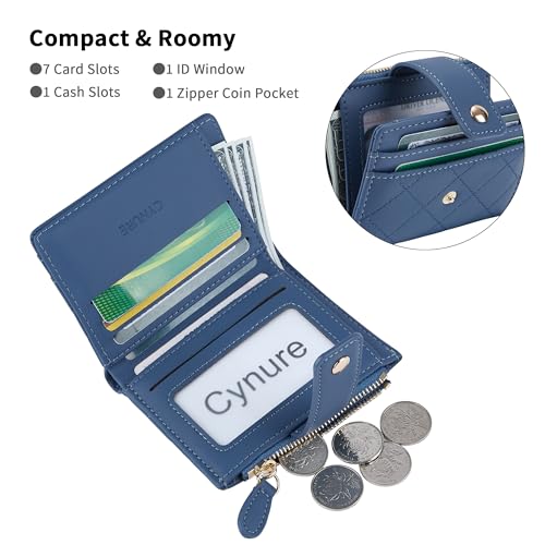 Cynure Women's Cute Leather Card Holder Small Compact Bifold Wallet with Zip Coin Pocket,Dark Blue - Image 2