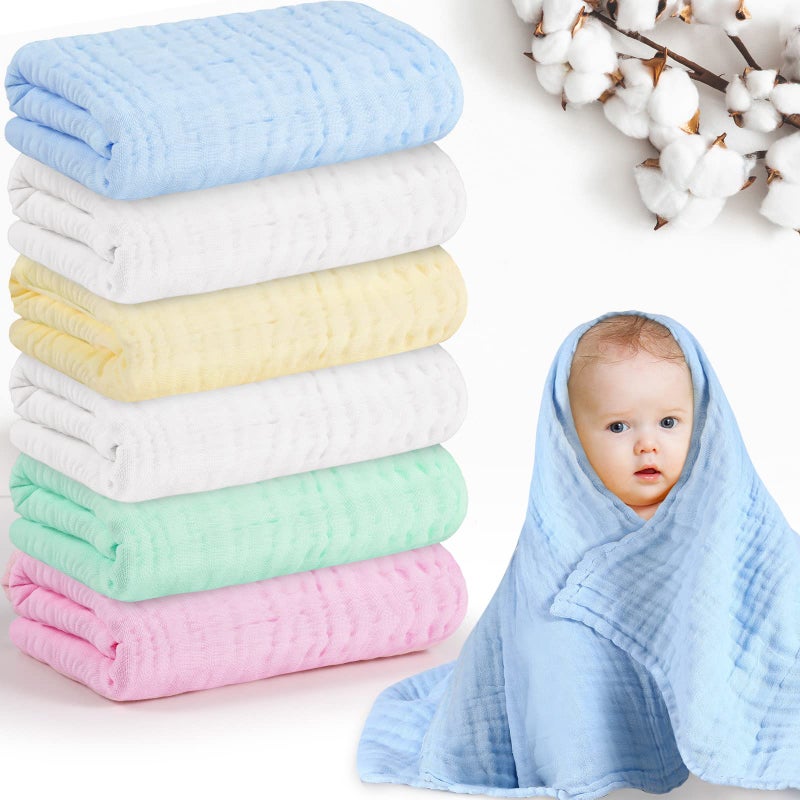 Chumia 6 Pack Baby Muslin Bath Towels 43.3 x 43.3 Inch Cotton Soft Infant Towels Large Swaddle Receiving Blankets 6 Layers for Newborn Toddlers Boys Girls - Image 1