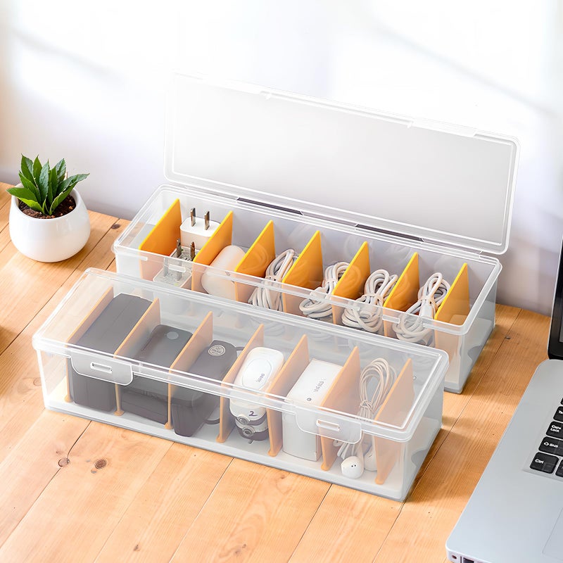 PAVSTINE 2 Pack Clear Cable Organizer Box with Lid, Plastic Charger Cable Cord Storage Organizer, Office Desk Organizers, Multifunctional Accessories Storage for Home Drawer Office, Stackable - Image 1