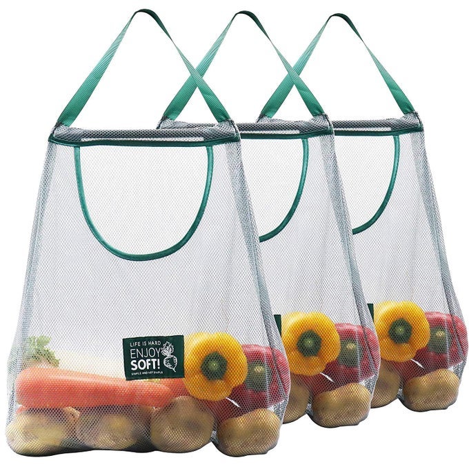 REUSABLE MESH BAGS FOR FRUIT AND VEGETABLE HANGING STORAGE KITCHEN STORAGE WASHABLE FOLDABLE NET BAGS 3 PACK