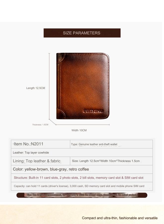 banyanu Men's Genuine Leather RFID Anti-Theft Brush Vertical Retro First-Layer Cowhide Wallet Coffee - Image 4