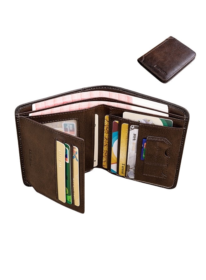 banyanu Men's Genuine Leather RFID Anti-Theft Brush Vertical Retro First-Layer Cowhide Wallet Coffee - Image 1