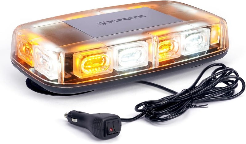 Xprite Upgraded 12" 72LED Rooftop Mini Strobe Lights, Emergency Safety Flashing Beacon Light Bar with Magnetic Base for 12V-24V Construction Vehicles, Trucks, Snow Plow, Postal Car (Mix White/Amber) - Image 1