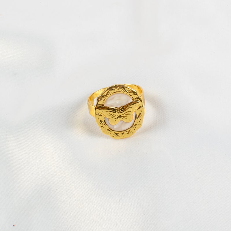 Golden White Stainless Steel Butterfly Fee Size Ring - Image 2