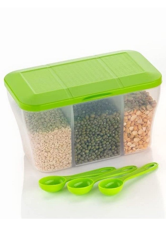HAPPI Multipurpose Plastic 3 In 1 Masala Box for Kitchen, Spice Boxes for Kitchen, Transparent Storage Containers Airtight Grocery,Cereal,Dry Fruits Dabba 1100 Ml with 3 Spoons(Green) - Image 1
