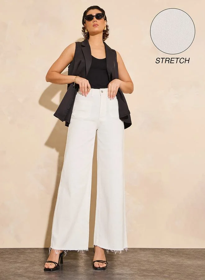 Styli High Rise Patch Pocket Detail Wide Leg Jeans