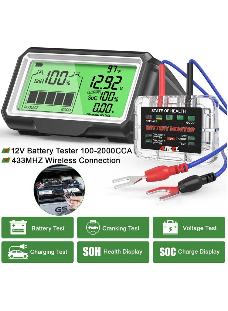 Ancel 12V Car Battery Tester Monitor, 433MHZ Wireless Transmission 12V Automotive Battery Load Tester with Cranking, Charging, Voltage, Temperature Test for Car Truck RV ATV SUV Boat Etc  - Image 2