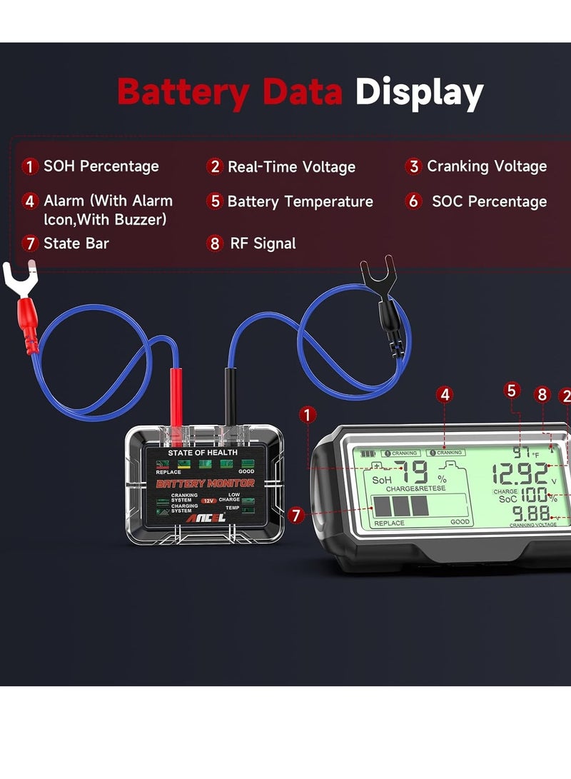 Ancel 12V Car Battery Tester Monitor, 433MHZ Wireless Transmission 12V Automotive Battery Load Tester with Cranking, Charging, Voltage, Temperature Test for Car Truck RV ATV SUV Boat Etc  - Image 4