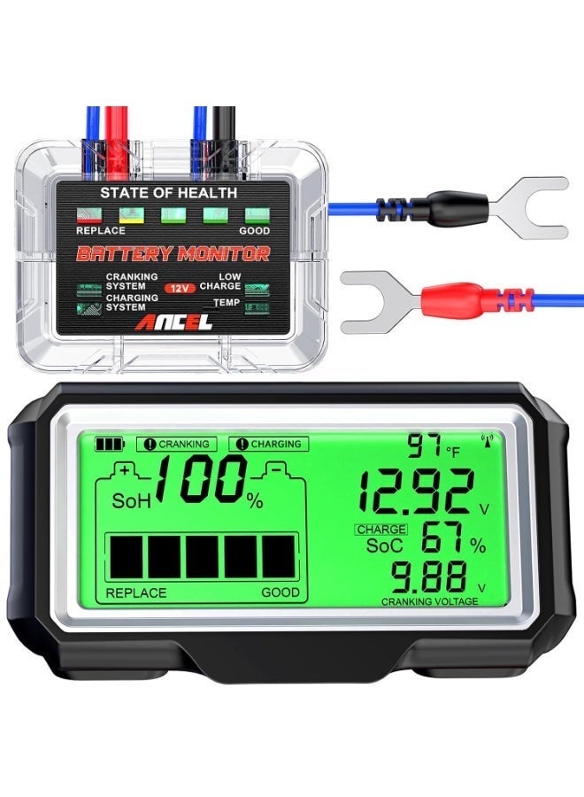 Ancel 12V Car Battery Tester Monitor, 433MHZ Wireless Transmission 12V Automotive Battery Load Tester with Cranking, Charging, Voltage, Temperature Test for Car Truck RV ATV SUV Boat Etc - Image 1