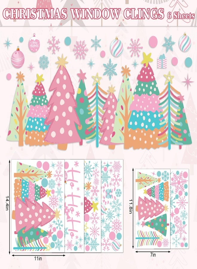 Whaline 6 Sheet Pink Christmas Window Clings Pink-Green Xmas Tree Snowflake Santa Reindeer Reusable Window Decals for Winter Holiday Home Glass Party Decor - Image 3