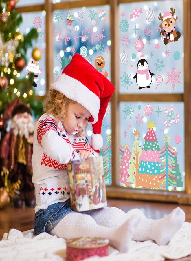 Whaline 6 Sheet Pink Christmas Window Clings Pink-Green Xmas Tree Snowflake Santa Reindeer Reusable Window Decals for Winter Holiday Home Glass Party Decor - Image 5