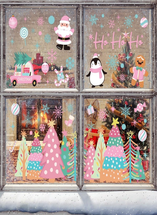 Whaline 6 Sheet Pink Christmas Window Clings Pink-Green Xmas Tree Snowflake Santa Reindeer Reusable Window Decals for Winter Holiday Home Glass Party Decor - Image 2