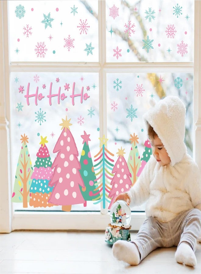 Whaline 6 Sheet Pink Christmas Window Clings Pink-Green Xmas Tree Snowflake Santa Reindeer Reusable Window Decals for Winter Holiday Home Glass Party Decor - Image 1