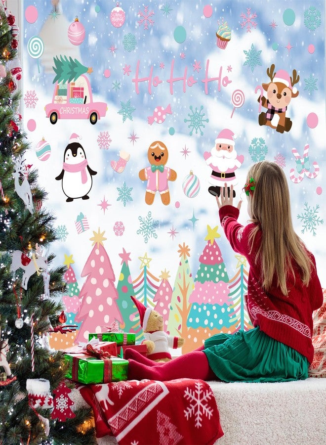 Whaline 6 Sheet Pink Christmas Window Clings Pink-Green Xmas Tree Snowflake Santa Reindeer Reusable Window Decals for Winter Holiday Home Glass Party Decor - Image 4