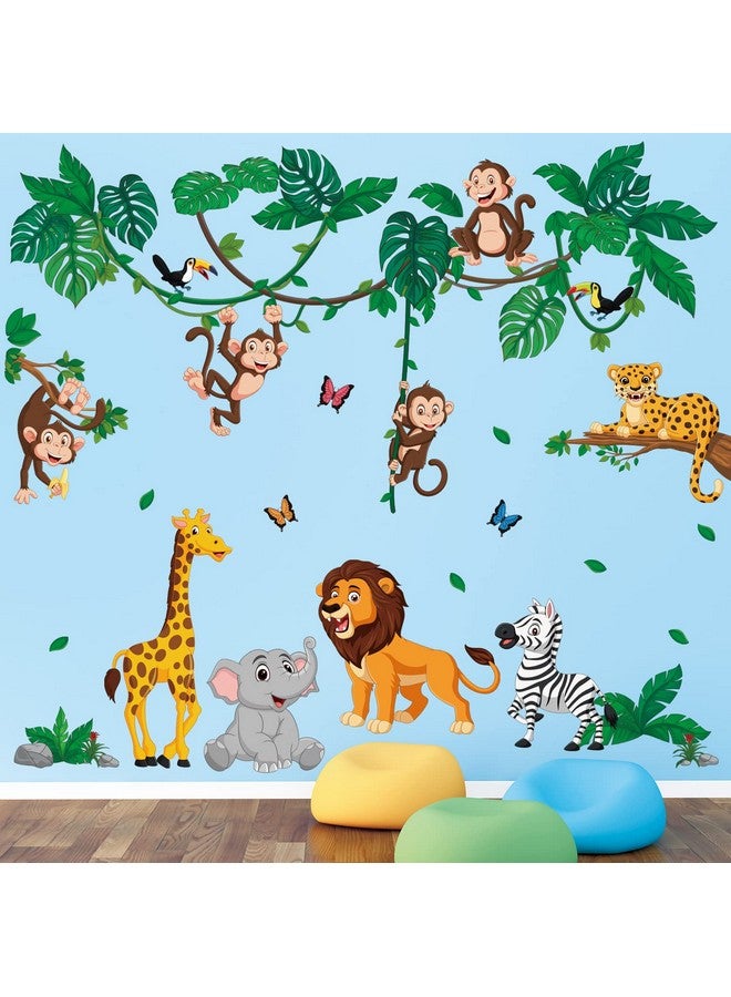 Decowall Dsl-8069 Jungle Animal Cartoon Wall Decals Elephant Monkey Giraffe Lion Forest Stickers For Kids Baby Nursery Bedroom Playroom Living Room Decor Diy Art - Image 1