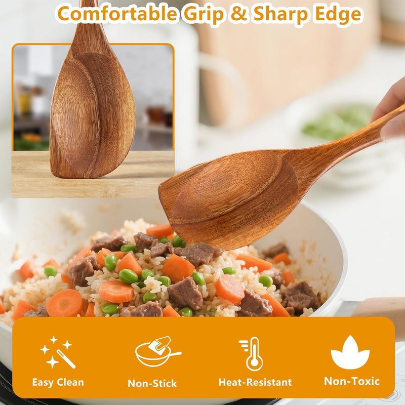 FunCee 2 Pack Premium wooden spoons for cooking - Acacia Wood Kitchen utensils for Cooking and Stirring, Durable Hardwood Stirring Spoon, Non-Scratch Cooking utensil Tool, Ergonomic Handle 13 Inches - Image 2