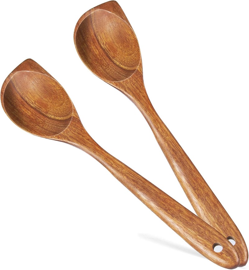 FunCee 2 Pack Premium wooden spoons for cooking - Acacia Wood Kitchen utensils for Cooking and Stirring, Durable Hardwood Stirring Spoon, Non-Scratch Cooking utensil Tool, Ergonomic Handle 13 Inches - Image 1