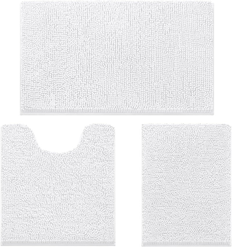 HOMEIDEAS 3 Pieces Bathroom Rugs, Ultra Soft Non Slip Absorbent Chenille Toilet Bath Mat Set (White) - Image 1