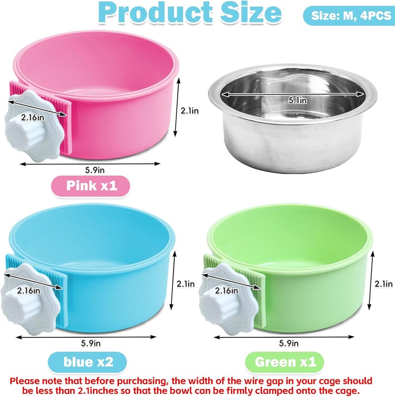 Crate Dog Bowl, Removable Stainless Steel Hanging Pet Cage Bowl Food & Water Feeder Coop Cup for Cat, Puppy, Birds, Rats, Guinea Pigs 4pcs(2×Blue,1×Pink,1×Green) - Image 2