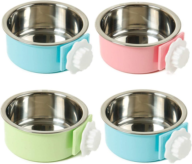 Crate Dog Bowl, Removable Stainless Steel Hanging Pet Cage Bowl Food & Water Feeder Coop Cup for Cat, Puppy, Birds, Rats, Guinea Pigs 4pcs(2×Blue,1×Pink,1×Green) - Image 1