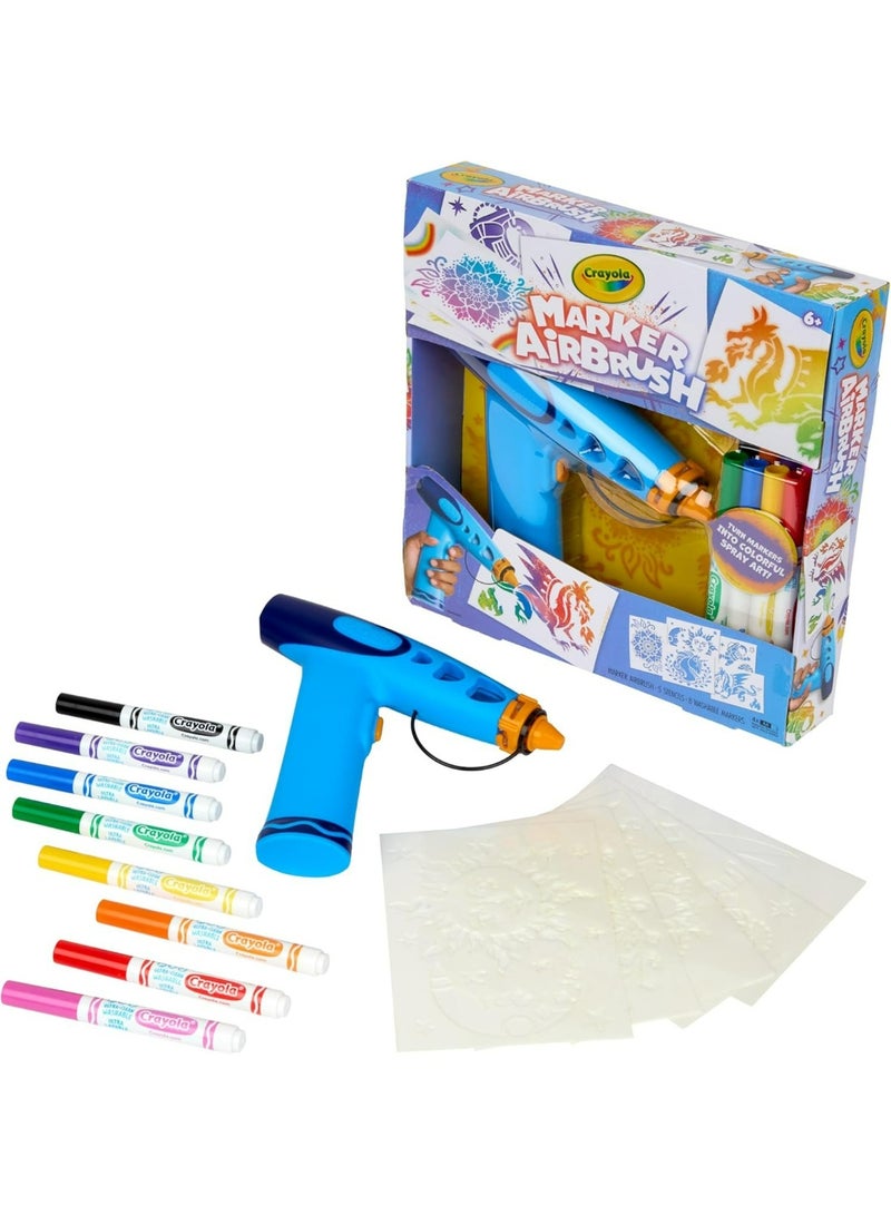 Crayola Marker Airbrush Creative Airbrush for Kids with 8 Washable Felt Tip Pens and 5 Stencils, Educational Toy for Artistic Activities, Ages 6 Years - Image 1