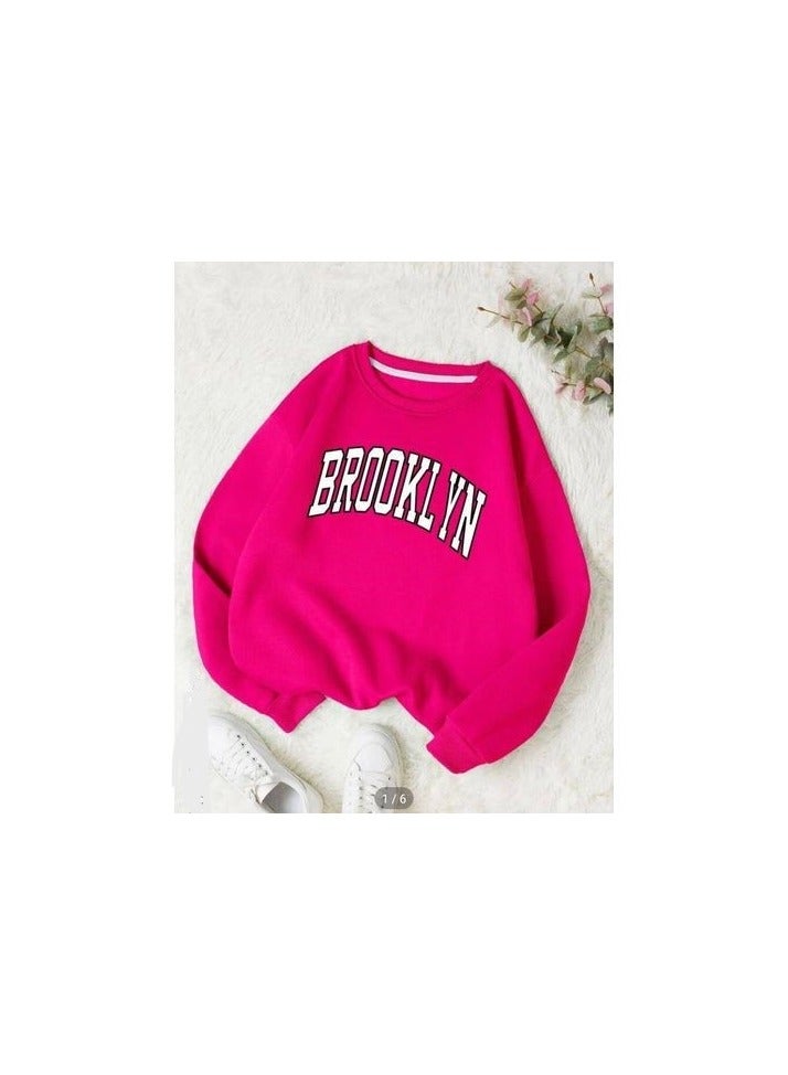 Stylish Women Hoodie Round Neck - Fuchsia