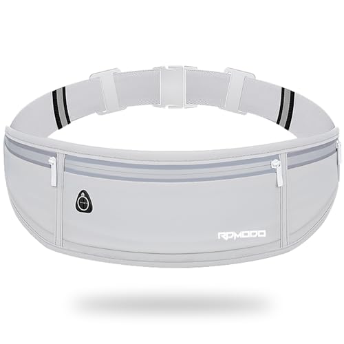 RDMODO Water Resistant Fanny Pack，Slim Running Belt for Women Men，Waist Bag Running Phone Holder with 3 Zipper Pockets for iPhone 16 15 14 13 Samsung，Reflective Running Pouch for Walking Cycling Grey - Image 1