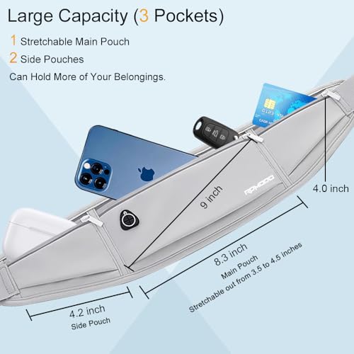 RDMODO Water Resistant Fanny Pack，Slim Running Belt for Women Men，Waist Bag Running Phone Holder with 3 Zipper Pockets for iPhone 16 15 14 13 Samsung，Reflective Running Pouch for Walking Cycling Grey - Image 3