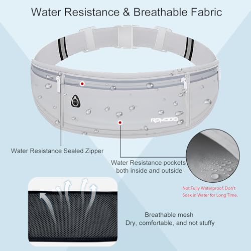 RDMODO Water Resistant Fanny Pack，Slim Running Belt for Women Men，Waist Bag Running Phone Holder with 3 Zipper Pockets for iPhone 16 15 14 13 Samsung，Reflective Running Pouch for Walking Cycling Grey - Image 5