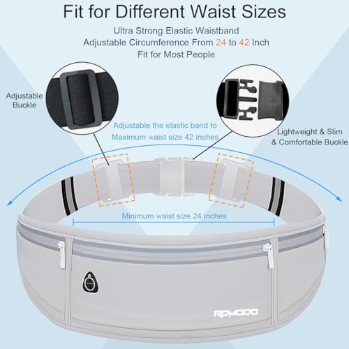 RDMODO Water Resistant Fanny Pack，Slim Running Belt for Women Men，Waist Bag Running Phone Holder with 3 Zipper Pockets for iPhone 16 15 14 13 Samsung，Reflective Running Pouch for Walking Cycling Grey - Image 2
