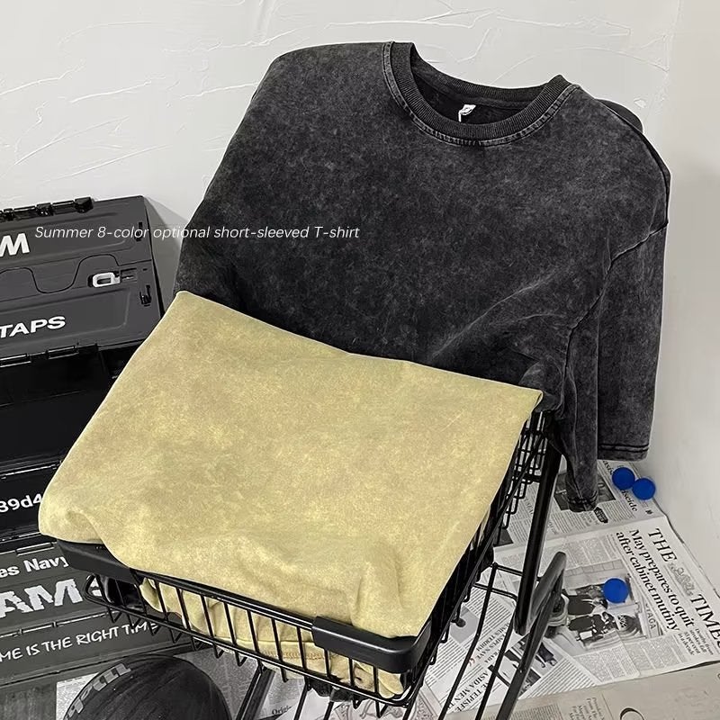 Washed Old Heavy Cotton Short-Sleeved T-Shirt Men'S Loose Hong Kong Style Ins Half-Sleeved Summer Trendy Half-Sleeved T-Shirt Trendy Brand - Image 3