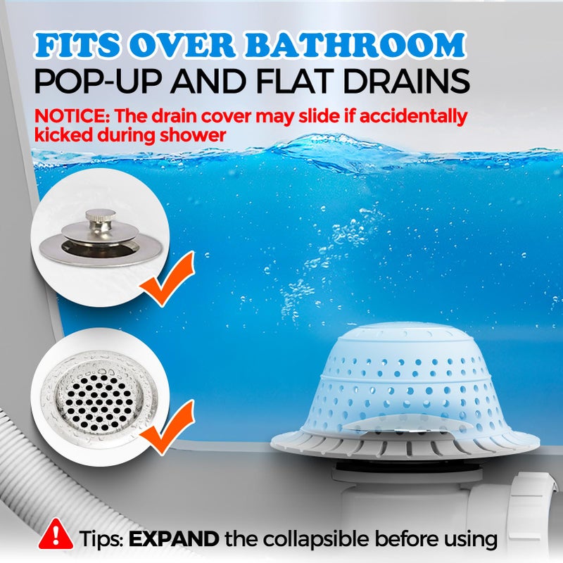 zaa Shower Drain Hair Catcher, 2 Pack Silicone Collapsible Bathtub Drain Cover Dog Hair Catcher & Protector for Pop-Up & Regular Drains of Shower, Bathtub, Tub, Bathroom, Diameter 4.5" - Image 3